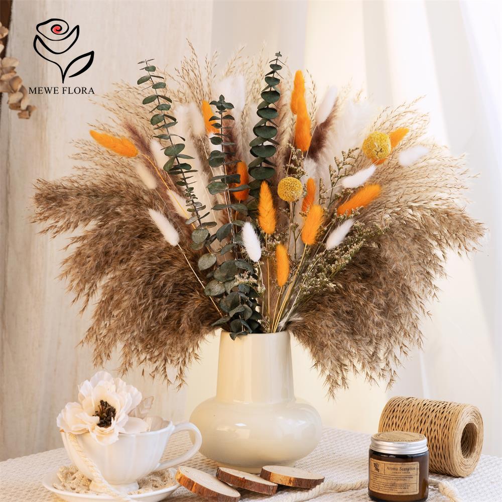 Dried Flower Bunch - 65Pcs Orange Pampas Grass Bouquet Autumn
